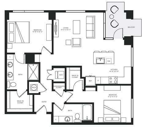 Floor plan for 2 beds, 2 baths, 1185 sqft